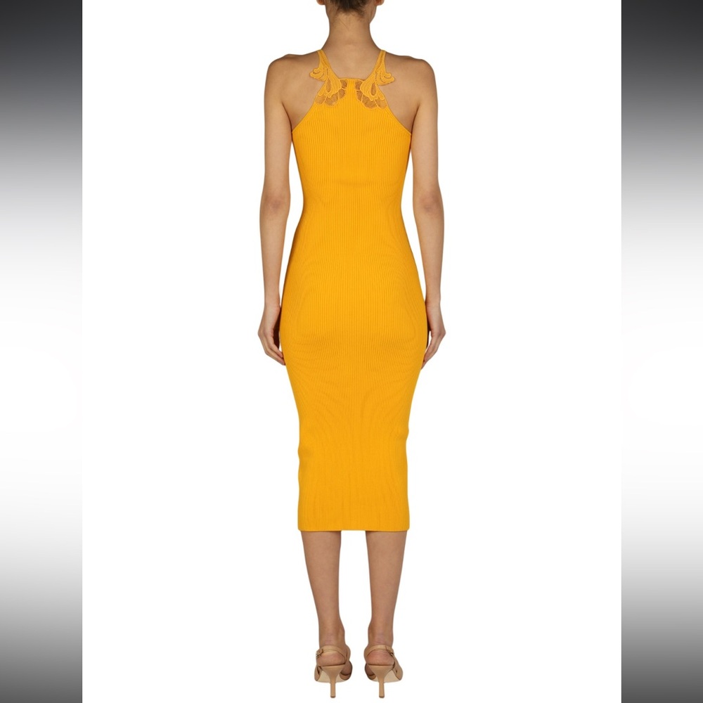 Self-Portrait Canary Yellow Ribbed Knit Bodycon Midi Dress With Lace Size Small - Picture 13 of 14